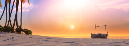 3d illustration of palm trees on a tropical beach and sunsetの写真素材