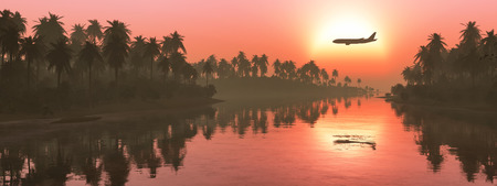 3d illustration of  passenger plane and tropical islandの写真素材