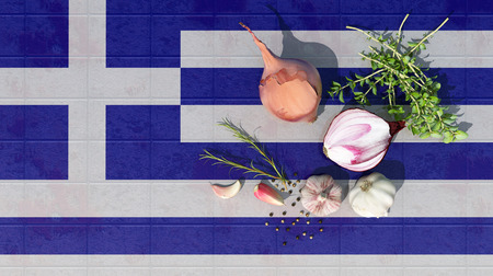 3d illustration of the flag of Greece and food for a healthy dietの写真素材