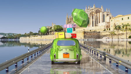 3d illustration of car loaded with suitcases and majorca cathedralの写真素材