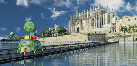 3d illustration of car loaded with suitcases and majorca cathedralの写真素材