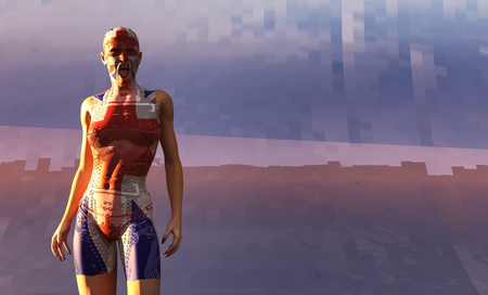 3d illustration of woman with electronic tattoos and flag of britainの写真素材