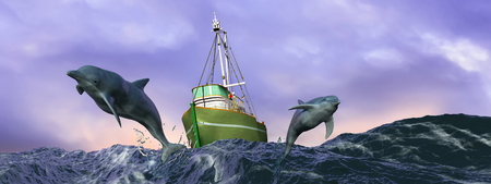 3d illustration of dolphins jumping in the seaの写真素材