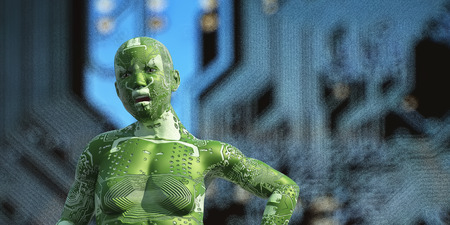 3d illustration of woman with electronic tattoosの写真素材