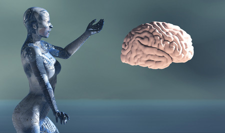 3d illustration of woman with electronic tattoos and brainの写真素材