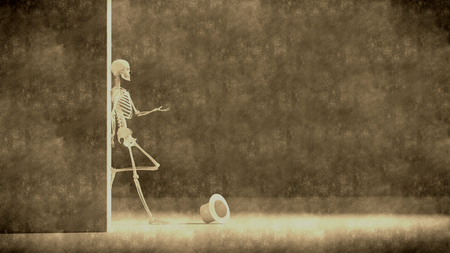 illustration simulating old photograph of  skeleton asking for charityの写真素材
