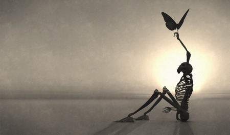 3d illustration of skeleton and butterflyの写真素材