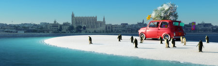 3D illustration of a car with a Christmas tree and palma bay in balearic islandsの写真素材