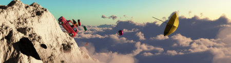 3d illustration of car loaded with suitcases between montains