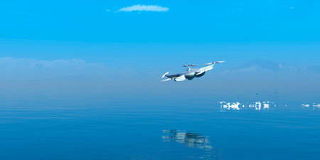 3d illustration of drone flying flush with water