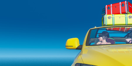 3d illustration, concept we go to the beach, car heading to the beach driven by a woman, loaded with suitcases that fly outの写真素材