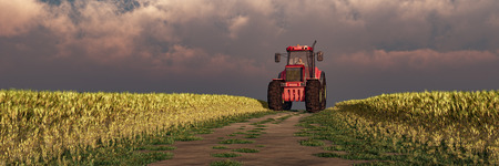 3d illustration of a tractor circulating in wheat fieldの写真素材