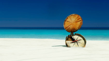 old compass in tropical beach 3d illustration