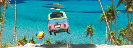 3d illustration of tourist items on a beach, tourism concept