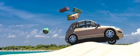 car loaded with suitcases between wheat fieldsの写真素材