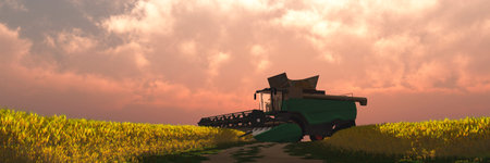 3d illustration, wheat harvester working in wheat field