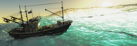 3d illustration of fishing boat in the seaの写真素材