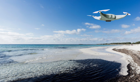 3d illustration of dron flying flush with water