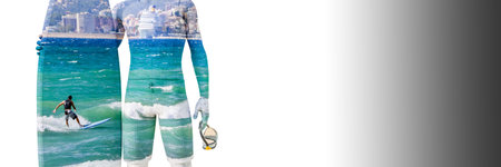 3d illustration, body and surfer board with an integrated photo of a person surfing
