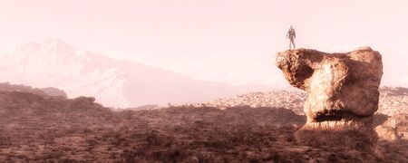 3d illustration of astronaut observing the landscape of another planetの写真素材