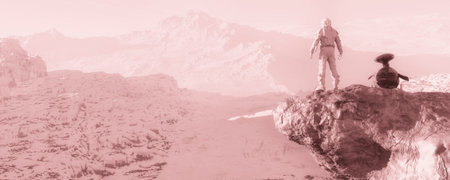 3d illustration of astronaut observing the landscape of another planet