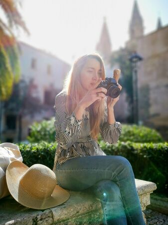 Woman sightseeing in Palma de Mallorca, Spainの写真素材