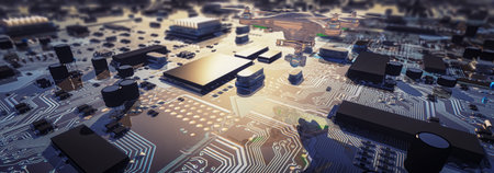 3d illustration of drone flying over and reviewing a series of electronic circuits and components