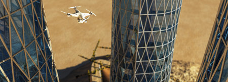 3d illustration of drone flying over and reviewing a construction site