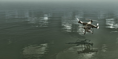 3d illustration of drone flying over the sea at water level