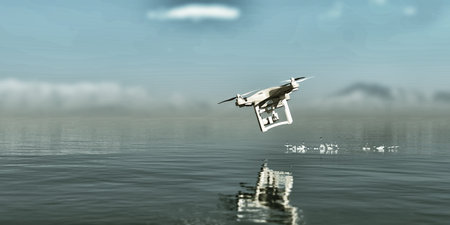3d illustration of drone flying over the sea at water level