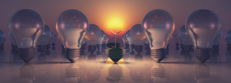 3d illustration of the green and sustainable energy concept, using a light bulb with a wind turbine...