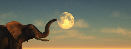 3D illustration of an elephant ,moon and sunsetの写真素材