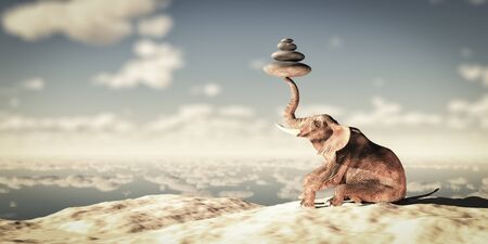 3d illustration of an elephant sitting on the beach watching or the sunset with zen stonesの写真素材