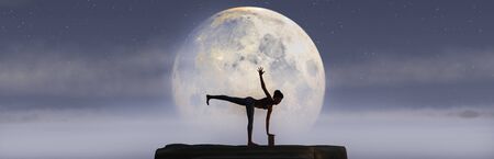 Woman doing yoga 3d illustration and moonの写真素材