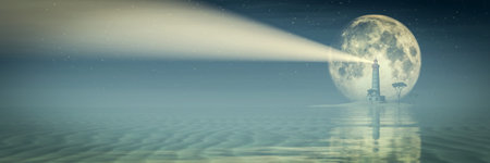 3d illustration, lighthouse on the coast and sunset reflected in water