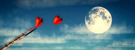 3d illustration of a brush with paint in the shape of a heart and moonの写真素材