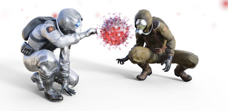 3d illustration of coronavirus virus floating, two curious researchers with protection measures