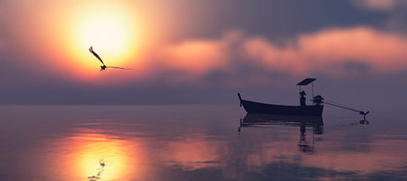 3d illustration of eagle and chinese fisherman with sailing with his boat