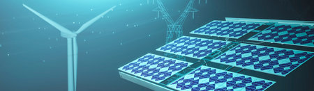 3d illustration, concept illustration of sustainable energy, solar panels and windmills