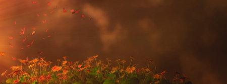 3d illustration of butterflies hovering above plants