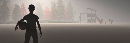 3d illustration of a boy alone with a ball looking at a playgroundの写真素材