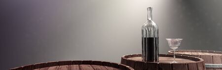 3d illustration, wine barrels with bottle and glassの写真素材