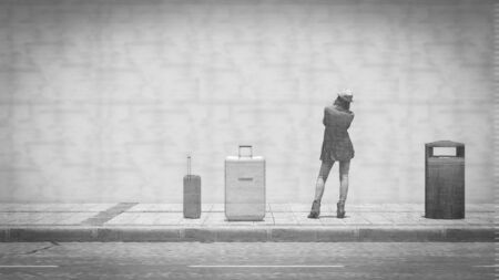 3d illustration, woman using cell phone, sunny dayの写真素材