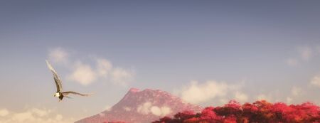 3d illustration of an eagle flying over a forest of red trees の写真素材