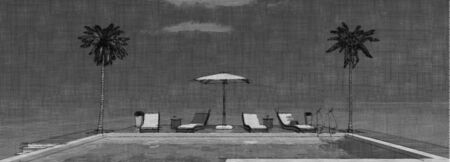 3d illustration, pool and palm trees on a sunny dayの写真素材