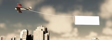 3d illustration of a biplane with an advertising signの写真素材