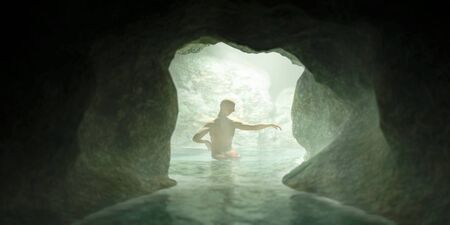 3d illustration, view from a cave by the seaの写真素材