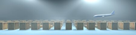 3d illustration, boxes in a warehouse and airplane dedicated to transportの写真素材