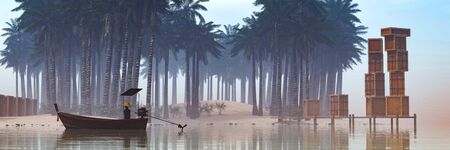 3d illustration, boxes in a island and vehicles dedicated to transportの写真素材