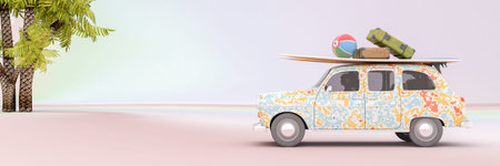 3d illustration of car loaded with suitcases の写真素材